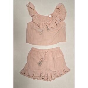 Shabby Chic Womens 2 Piece Pajama Set Size M Pink Eyelet Ruffle Cotton Babydoll